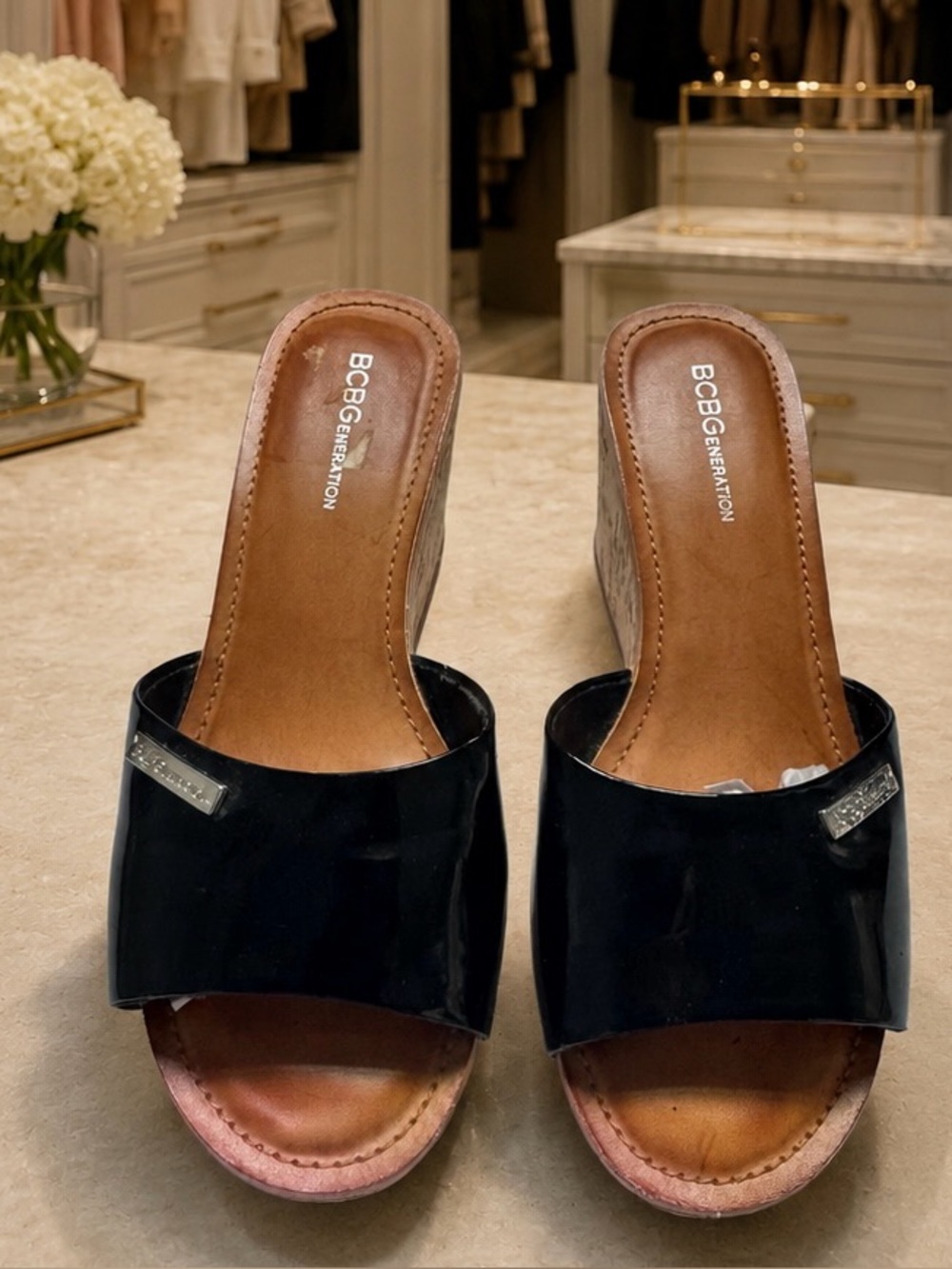 BCBGeneration Black Patent Slide Mules with Wood Wedge